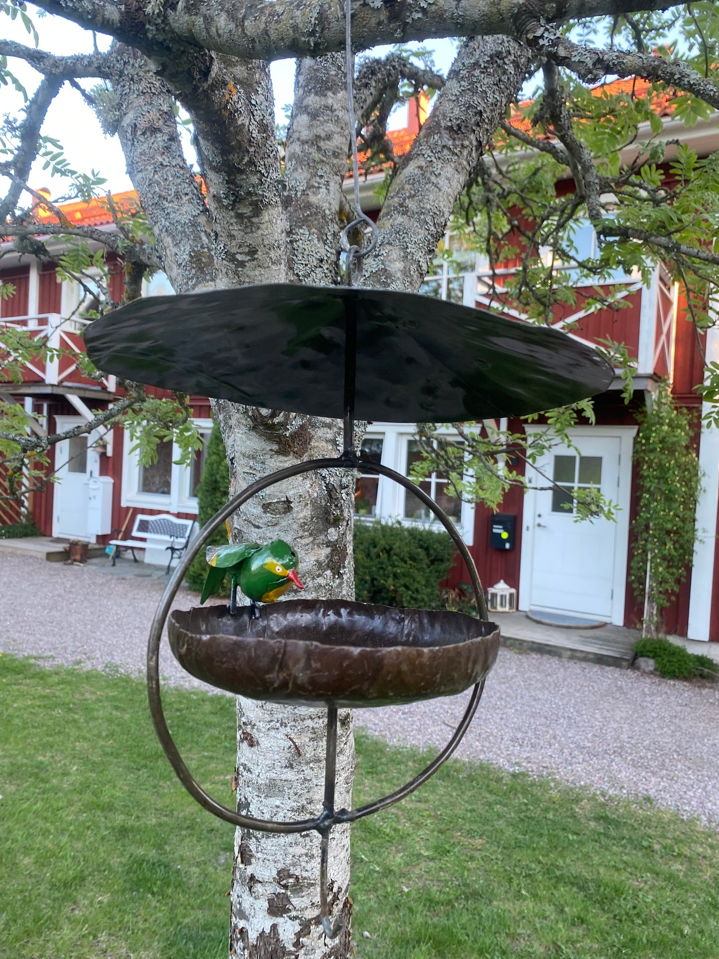 Hängande fågelbord med tak grön fågel