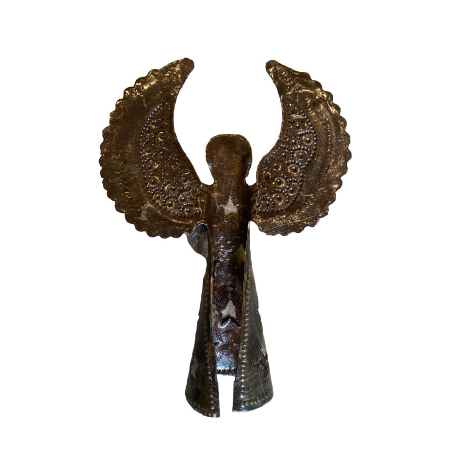 Handgjord Ängel 13 cm Metallgrå Stjärnor från Haiti - Återvunnen Metall
