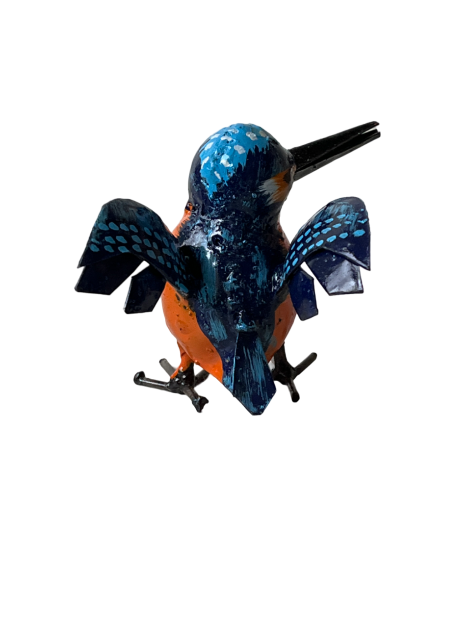 Kungsfiskare sedd bakifrån. Hjässa, rygg och vingar är blåmålade och magen är orange..