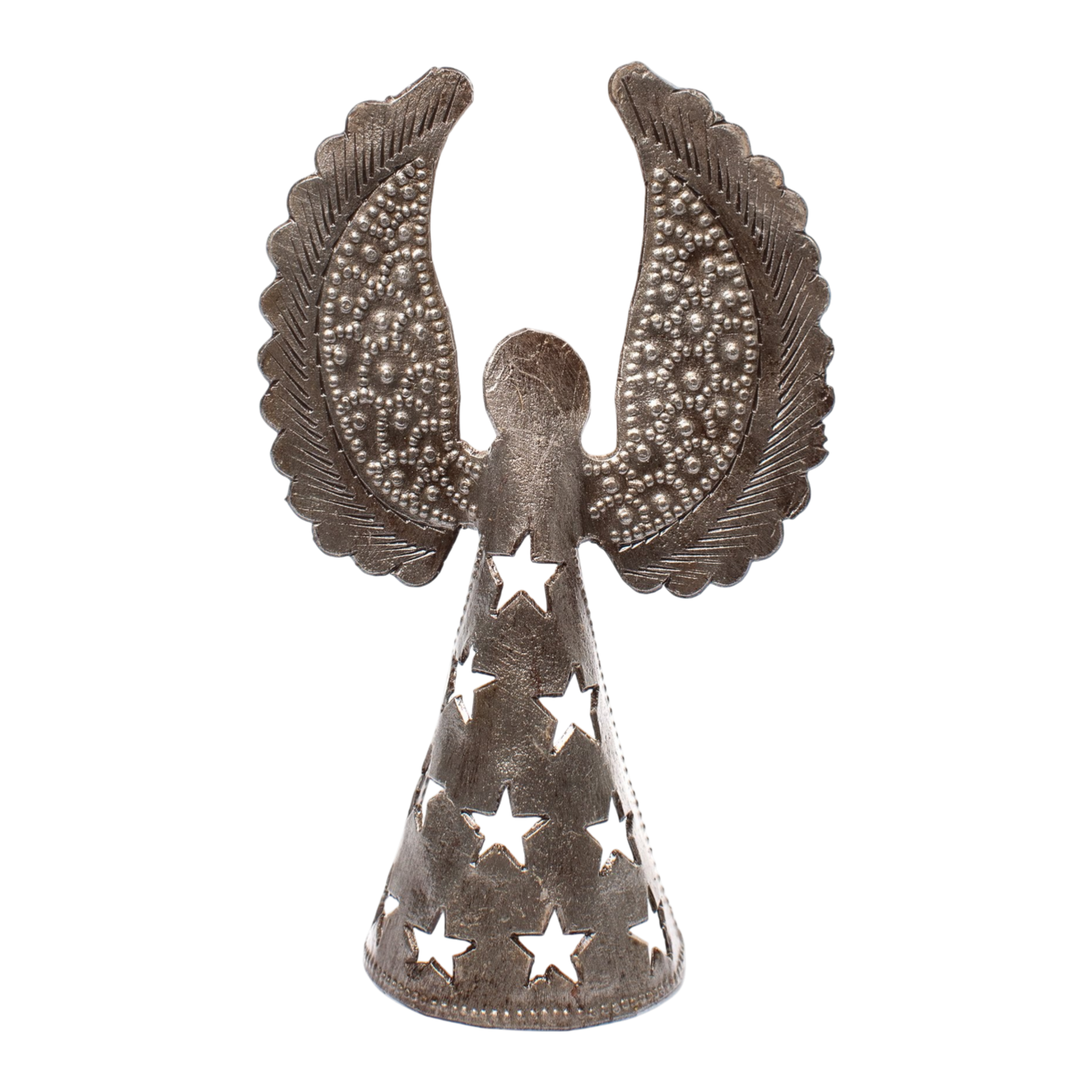 Handgjord Ängel 13 cm Metallgrå Stjärnor från Haiti - Återvunnen Metall