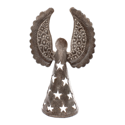 Handgjord Ängel 13 cm Metallgrå Stjärnor från Haiti - Återvunnen Metall