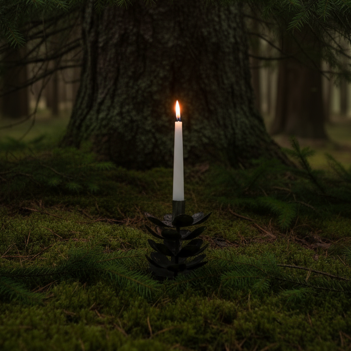 Kottljusstake vid granstam i mörk skog